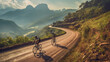 Cyclist riding bike at beautiful landscape with mountain road. Active outdoor sports. Created with Generative AI