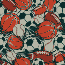 Sport Seamless Pattern With Basketball, Rugby Ball, Football, Baseball. Sports Repeat Print. Footballs Endless Ornament. Equipment For Sport.