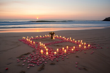 Wedding table on the beach with red rose petals. Generative AI