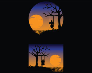 Wall Mural - two square and round shape silhouette vector designs a nighttime scene near the beach where there is a dry tree without leaves and a woman is sitting swinging on the tree branch