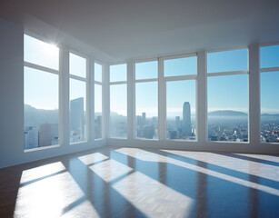 View from a high building, sun light through windows, view into city skyline. Generative Ai.