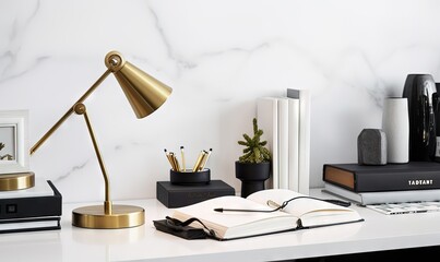 Wall Mural -  a desk with a lamp, books, and other office supplies on top of a white desk with a black and gold desk lamp on top.  generative ai