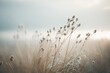 Leinwandbild Motiv Blossoming grass with a gentle breeze against a misty sky in the morning. This image is calm and serene, with a straightforward zen tone. nature in pastel tones in spring. Generative AI