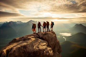 A team of climbers at the top of a high mountain in the light of the setting sun.