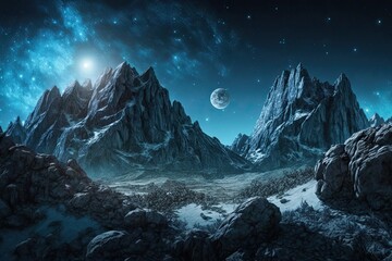 Poster - majestic mountain range under a starry sky with a glowing moon. Generative AI