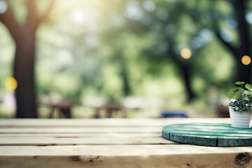 A blurred background of an empty wooden table with a backyard party. Generative AI