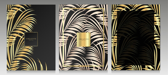 luxury exotic cover set. palm leaves, tropical foliage pattern. collection of elegant brochures, inv