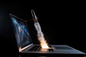 Business startup. Rocket launch in workplace. Success and concept of earning money online. Digital investment. Generative AI