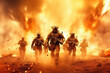 Brave military heroes advance through a fiery warzone in the desert Generative AI