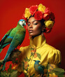 © Trinette Reed - Fashion image of Black woman with flowers and exotic bird in studio. Generative AI