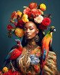 © Trinette Reed - Haute couture fashion of Black woman with flowers and birds in studio.