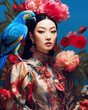 © Trinette Reed - Haute couture fashion of Asian woman with flowers and bird in studio. Generative AI