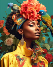 Haute Couture Fashion Of Black Woman With Flowers And Bird In Studio. Generative AI
