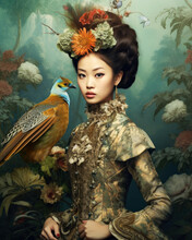 Haute Couture Fashion Of Asian Woman With Flowers And Bird In Studio. Generative AI