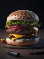 Wall Mural - A photo of a hamburger at dark background