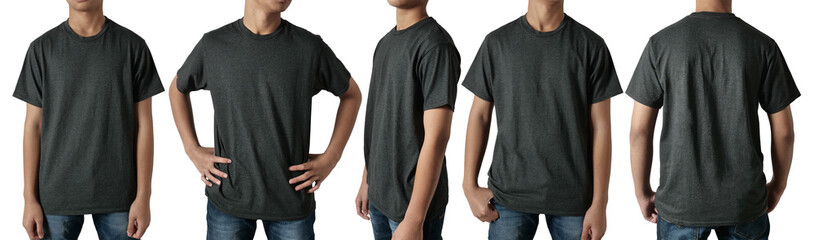 Black t-shirt mock up, front, side and back view, isolated. Teenage male model wear plain heather black shirt mockup. Tshirt design template. Blank tee for print