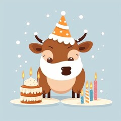 The bull is celebrating a birthday. Blows out the candles. Festive theme, Concept: Poster for a children's room. Baby print for nursery. The design can be used for fashion t-shirt, greeting card. illu