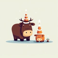 The bull is celebrating a birthday. Blows out the candles. Festive theme, Concept: Poster for a children's room. Baby print for nursery. The design can be used for fashion t-shirt, greeting card. illu