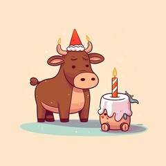 The bull is celebrating a birthday. Blows out the candles. Festive theme, Concept: Poster for a children's room. Baby print for nursery. The design can be used for fashion t-shirt, greeting card. illu