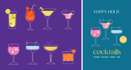 Wall Mural - Modern flat summer cocktails collection. Colorful background with cocktail glasses. Celebration poster concept and web banner.