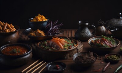 Wall Mural - Traditional Chinese dishes on the wooden table