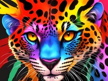 Colorful Rainbow Face Leopard Orange Yellow Eyes Portrait Head On Multicolored Texture Background In Aquarelle Style, Creative Abstract Red Purple Background With Colourful Painting. Generative AI
