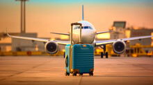 Suitcase In Front Of The Plane At The Airport, Vacation, Relocation, Summer Vacation Concept