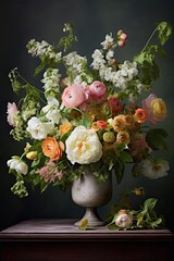 Wall Mural - Bouquet of flowers in vase. AI generated art illustration.