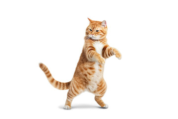 Funny dancing cat red isolated on white background. The cat stands on its hind legs in full height, as if dancing or drunk. Generative AI