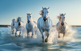 Fototapeta Łazienka - Experience the thrilling display of a beautiful horse racing on the beach, accompanied by the splashes of waves crashing nearby.  Generative AI