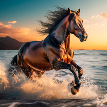 Picture A Dynamic Scene As A Stunning Horse Gracefully Runs On The Beach, With Waves Crashing And Splashing, Filling The Air With Energy.  Generative AI