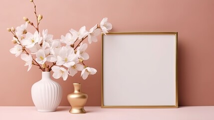 Wall Mural - White flower in pink vase on table with empty modern golden white photo frame against pink blue background. Home furnishings buck up Generative AI