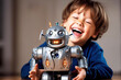 © Nedrofly - A little boy laughing and holding a toy robot created with Generative AI technology