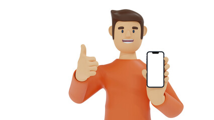 Wall Mural - Cartoon character man in orange t-shirt show smartphone, thump up, app recommendation presentation, 3D rendering.
