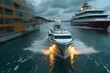 A yacht or a boat rushes across the sea. AI generated, human enhanced