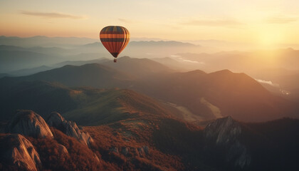  Adventure seekers soar high above mountain range in hot air balloon generated by AI