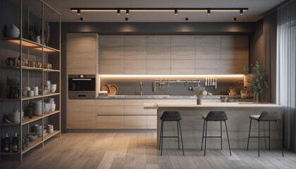 Canvas Print - Modern luxury kitchen design with elegant wood flooring and stainless steel appliances generated by AI