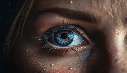 Fresh blue eyes staring, watching raindrop on young woman eyelash generated by AI