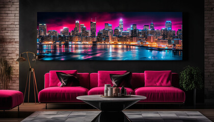 Poster - Luxury apartment with modern design, illuminated by cityscape backdrop generated by AI