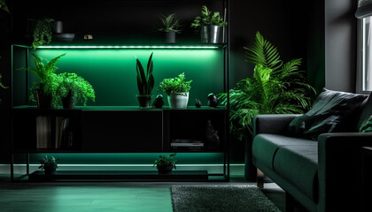 Poster - Modern domestic room with green plant, electric lamp, and glass generated by AI