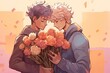 lgbtq cartoon couple on valentine's day is hugging, with bouquet of flowers, illustration generative ai
