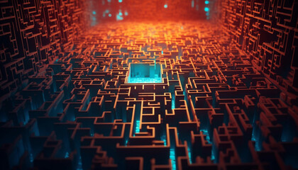 Poster - Glowing blue backdrop illuminates complex binary code in a futuristic maze generated by AI