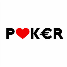 Poker Word Design With Heart Symbol On Letter O And Euro Currency Symbol On Letter E.
