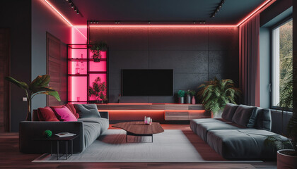 Wall Mural - Luxury apartment with elegant decoration, illuminated armchair, and bright lighting generated by AI