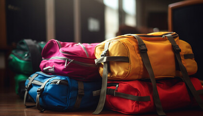 Poster - Backpack and luggage stack on table, ready for adventure exploration generated by AI