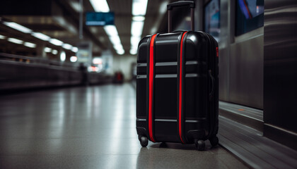 Poster - Luggage waiting on conveyor belt at airport baggage claim area generated by AI