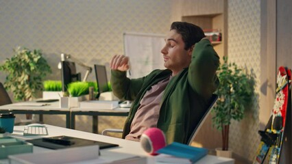Wall Mural - Overworked freelancer feeling tired at office closeup. Exhausted man resting