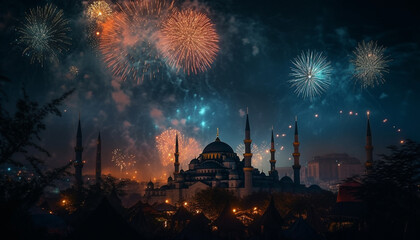 Sticker - Ramadan celebration illuminates famous Blue Mosque in ancient cityscape generated by AI