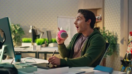 Wall Mural - Creative artist staring computer screen modern office. Smiling man having idea