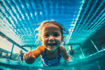 Little girl swimming underwater in an outdoor pool, smiling and having fun, sunny summer day. Generative AI